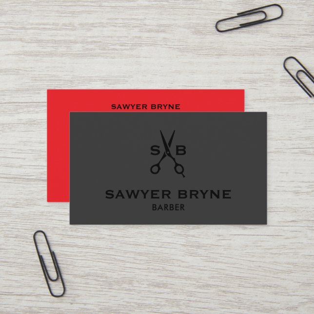 Moderne Barber Hair Stylist Schere Black Red Visitenkarte (Vorderseite/Rückseite Beispiel)