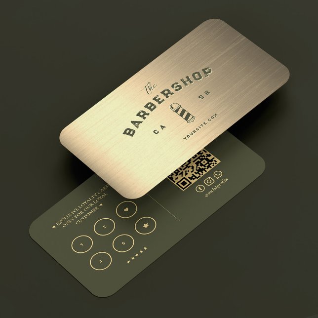Moderne Barbershop Army Green Gold Barber Loyalty Visitenkarte (Modern Barbershop Army Green Gold Barber Loyalty Business Card
)