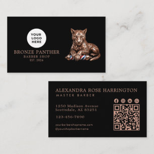 Moderne Barbier Shop Rose Gold Panther Logo Qr Cod Visitenkarte
