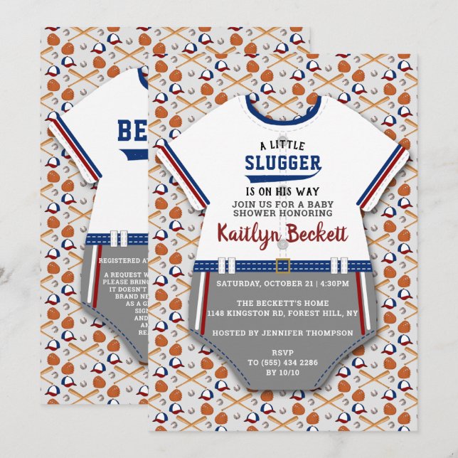 Moderne Baseball Boys Babydusche "Little Slugger" Einladung (Vorne/Hinten)
