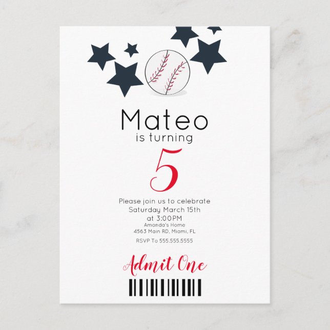 Moderne Baseball-Muster-Ticket-Party-Stil    Postkarte (Vorderseite)