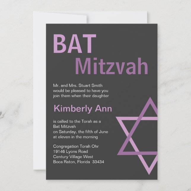 Moderne Bat Mitzvah Invitititiation - Dunkelgrau u Einladung (Vorderseite)