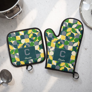 Moderne Bauhaus Abstrakte Geometrische Monogramm-M Ofenhandschuh & Topflappen-Set