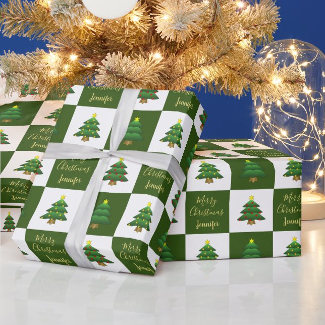 Moderne Bäume Frohe Weihnachts-Monogramm-Name Geschenkpapier (Feiertage)