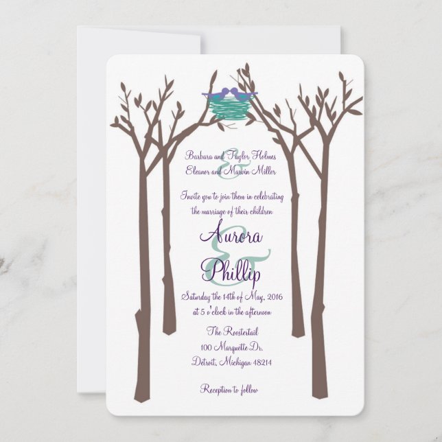 Moderne Bäume und Vögel laden zur Hochzeit ein Einladung (Vorderseite)