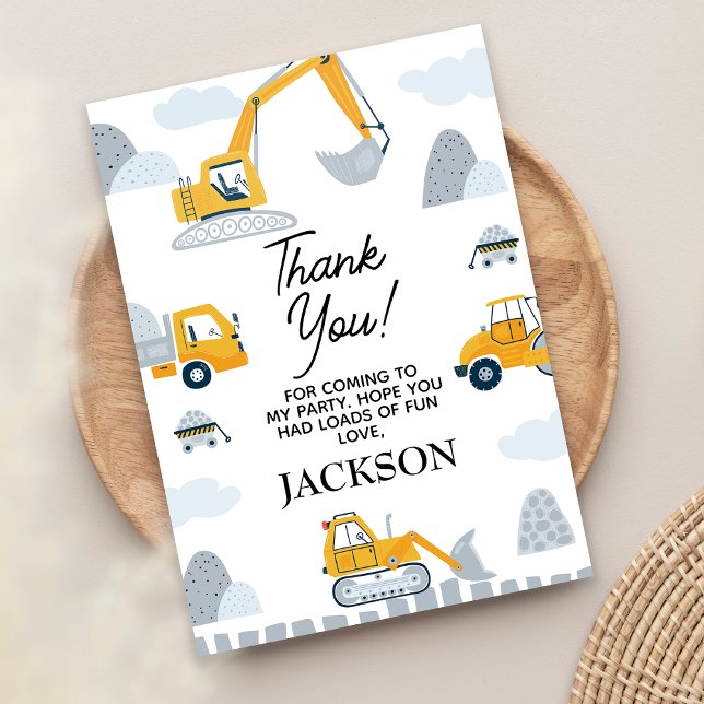 Moderne Bauweise zum Geburtstag Dankeskarte (Boys Construction Birthday Thank You Card, Yellow Grey Construction Themed Birthday Thank You Card)