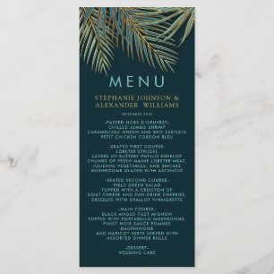 Moderne Beach Palm Gold Aquamarine tropische Hochz Menükarte