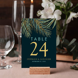 Moderne Beach Palm Gold Aquamarine tropische Hochz Tischnummer