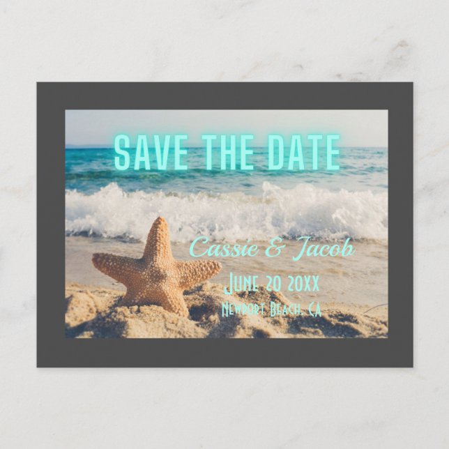 Moderne Beachszene Grau Border Save the Date Ankündigungspostkarte (Vorderseite)
