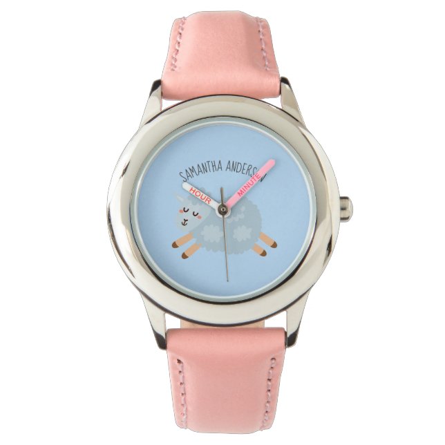 Moderne Beauty Pastel Blue Shee und Name der Kinde Armbanduhr (Vorderseite)