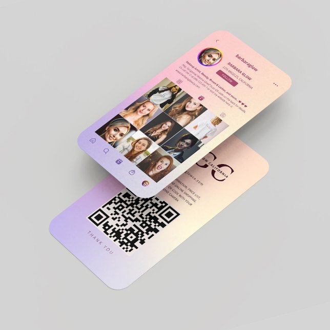 Moderne Beauty Skincare Kosmetik Instagram Grid Visitenkarte (Modern Beauty Skincare Cosmetics Instagram Grid Monogram Gradient Pink Purple Business Card
)