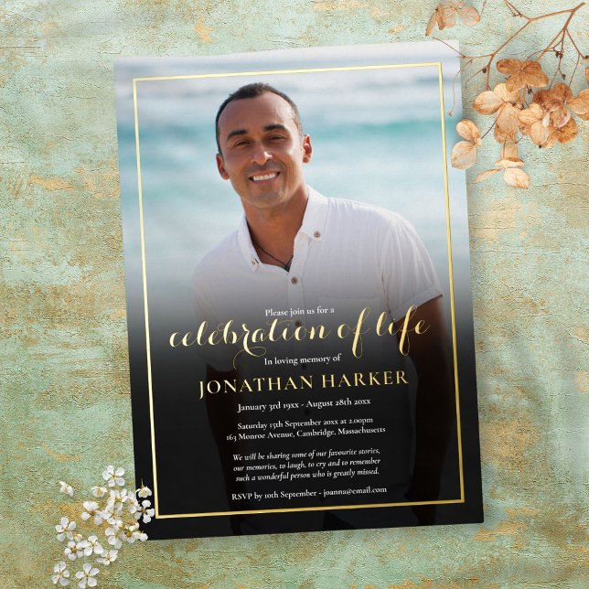 Moderne Beerdigungsfeier Foto Gold Folieneinladung (Von Creator hochgeladen)