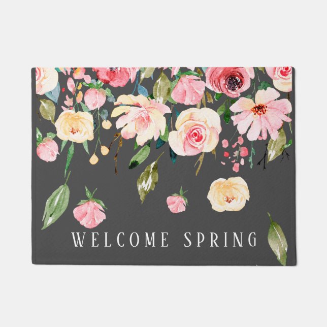 Moderne Begrüßung Frühling rosa Peones Bläschen Fußmatte (Vorderseite)