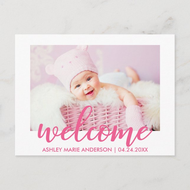 Moderne Begrüßung Neue Baby Ankündigung Hot Pink (Vorderseite)