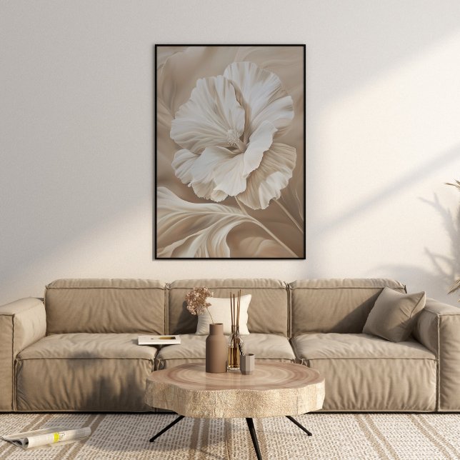Moderne beige Blume Kunstwerke Poster (Modern Beige Flower Aesthetic Wall Art in a beautiful neutral beige boho luxe living room.)