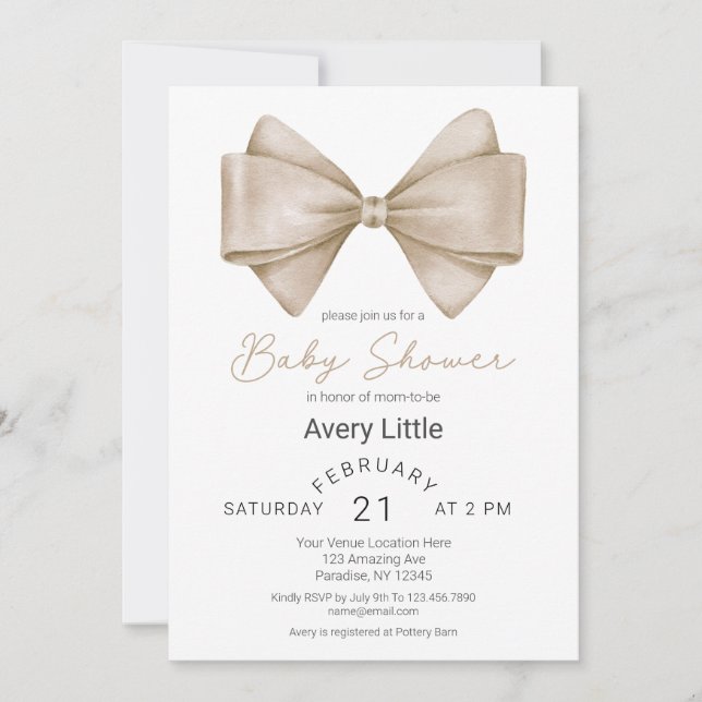 Moderne Beige Bow Babydusche Einladung (Vorderseite)