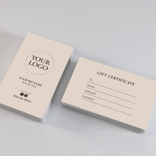 Moderne Beige Geschäft-Logo-Geschenkgutschein Visitenkarte
