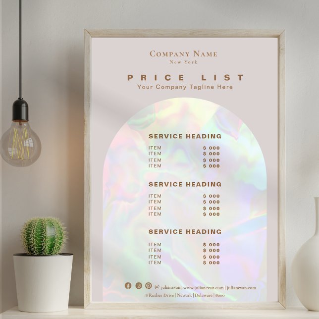 Moderne beige Holografische Schönheitspreisliste (Modern Beige Holographic Beauty Service Price List)