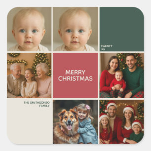 Moderne beige Sage RED Collage Frohe Weihnachten Quadratischer Aufkleber