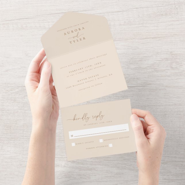 Moderne Beige Script Wedding All In One Einladung (Abreißen)