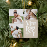 Moderne beige Typografie mit mehreren Fotos Keramikornament<br><div class="desc">Farbenfrohe Vintage Grafik beige Typografie merry Chritsmas Multi-Foto Urlaubssornament Design. Teil einer kühnen Ferienkollektion.</div>