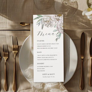 Moderne beige- und cremefarbene Floral-Hochzeitsme Menükarte