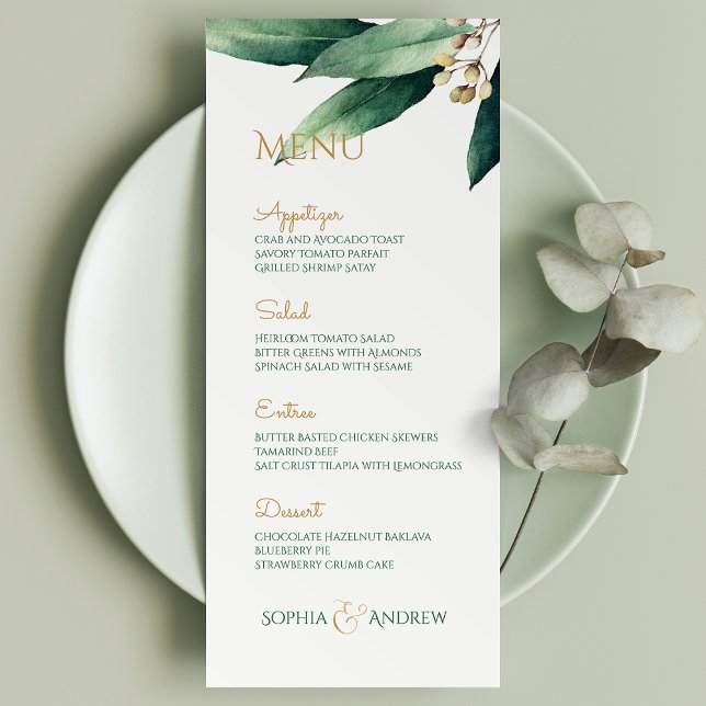 Moderne bemalte botanische Vegetation rustikale Ho Menükarte (Modern painted botanical greenery rustic wedding menu)