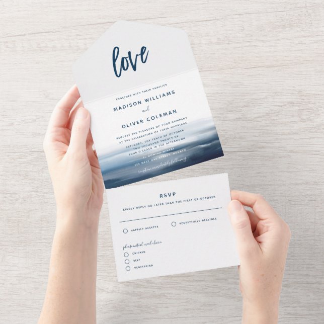 Moderne bemalte Hochzeit am Meer All In One Einladung (Abreißen)