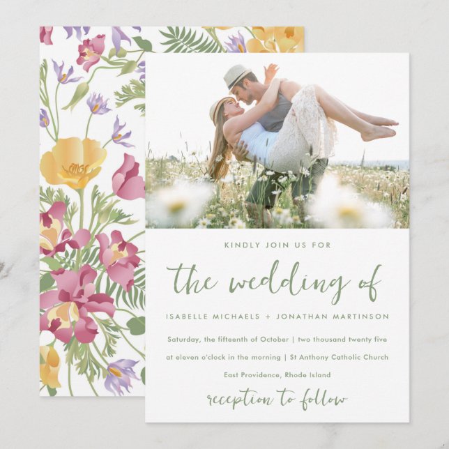 Moderne bemalte Wildblumen Foto Hochzeit Einladung (Vorne/Hinten)