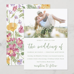Moderne bemalte Wildblumen Foto Hochzeit Einladung