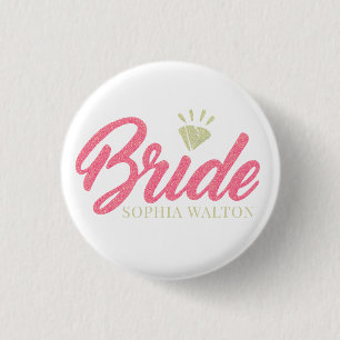 Moderne benutzerdefinierte Brautname Pink Glitter Button