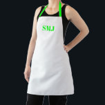 Moderne, benutzerdefinierte Monogramm-Initialen ne Schürze<br><div class="desc">Moderne Monogramm-Initialen in neongrüner weißer Schürze. Neongrüne Buchstaben,  weißer Hintergrund. Sie können Ihr Lieblingsband für Mama,  Papa,  Freunde und sich selbst auswählen! Modernes,  minimalistisches,  einfaches,  stilvolles Design. Geeignet für Köche,  Koch,  Keramik,  Keramiken,  Handwerk,  Arbeit,  Küche,  Backen,  Grillen,  Grill,  sowie Geschäfte und Geschäfte etc.</div>