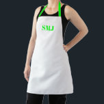 Moderne, benutzerdefinierte Monogramm-Initialen ne Schürze<br><div class="desc">Moderne Monogramm-Initialen in neongrüner weißer Schürze. Neongrüne Buchstaben, weißer Hintergrund. Sie können Ihr Lieblingsband für Mama, Papa, Freunde und sich selbst auswählen! Modernes, minimalistisches, einfaches, stilvolles Design. Geeignet für Köche, Koch, Keramik, Keramiken, Handwerk, Arbeit, Küche, Backen, Grillen, Grill, sowie Geschäfte und Geschäfte etc.</div>