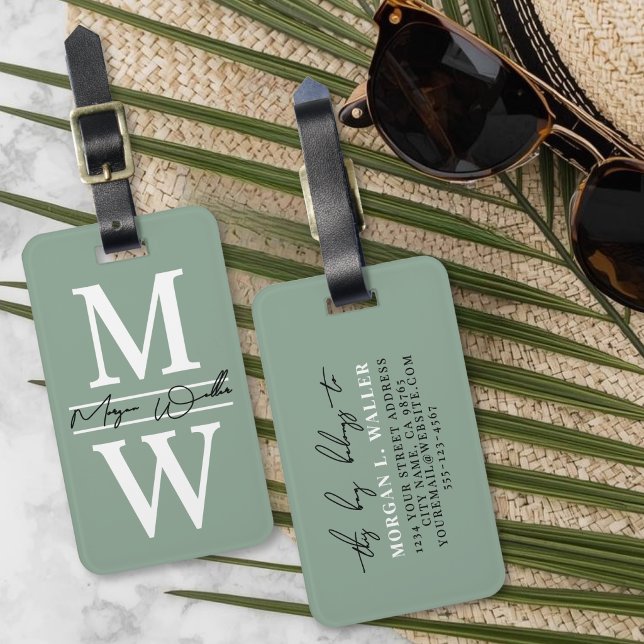 Moderne benutzerdefinierte Salbeigrüne Monogramm-N Gepäckanhänger (Modern Custom Sage Green Monogram Name Luggage Tag)
