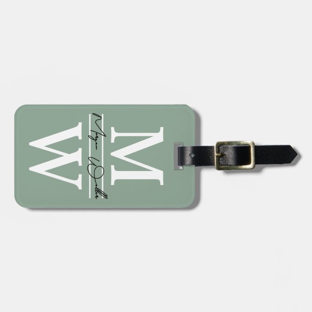 Moderne benutzerdefinierte Salbeigrüne Monogramm-N Gepäckanhänger (Vorderseite horizontal)