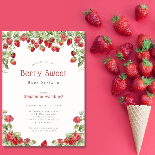 Moderne Berry Sweet Strawberry Baby Dusche Einladung (Von Creator hochgeladen)
