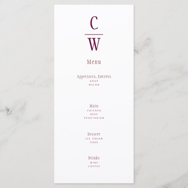 Moderne Berry Wine Wedding Mit Monogramm Menükarte (Vorderseite)
