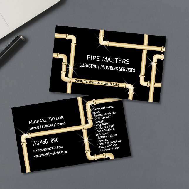 Moderne Berufliche Klempnerrohre Visitenkarte (plumbing pipes in gold color on the black background business cards)
