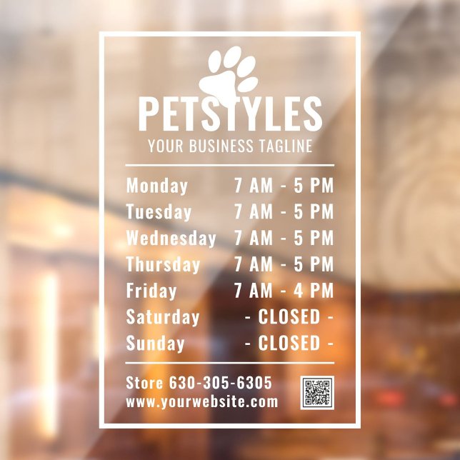 Moderne Berufliche Logoöffnungszeiten Weiß Fensteraufkleber (White modern professional logo, company name, opening times, qr code, phone number window decal.)