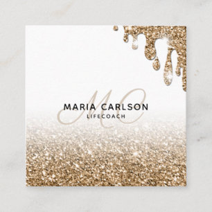 Moderne Berufliche Monogramm-Glitter-Gold-Tropfen Quadratische Visitenkarte