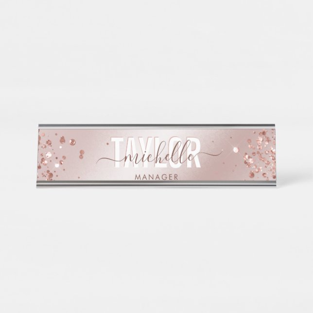 Moderne Berufliche Rose Gold Sparkone Glitzer Schreibtischnamensplakette (Vorderseite )