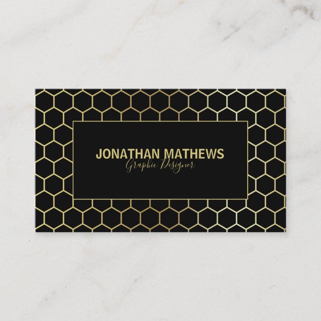 Moderne Berufliche Schwarze Gold Hexagon Geometrie Visitenkarte (Vorderseite)