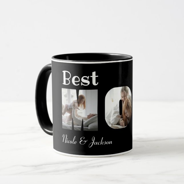 Moderne beste Mama je 3 Fotos Collage Black Tasse (Vorderseite Links)
