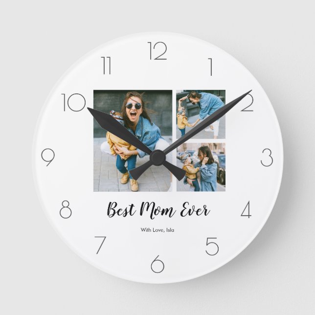Moderne beste Mama je Foto Collage Geschenk für Ma Runde Wanduhr (Vorderseite)
