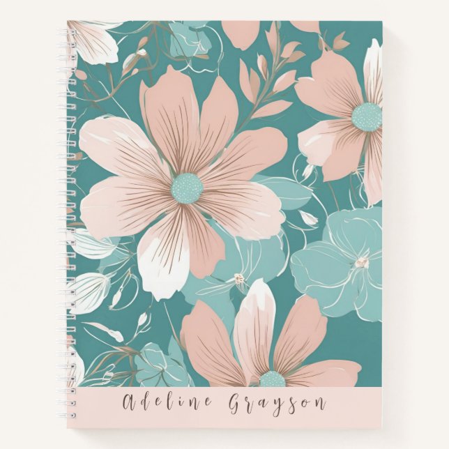 Moderne Big Blush Bloral mit Aquamarinem Hardcover Notizbuch (Vorderseite)