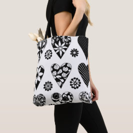 Moderne Big Hearts & Blume Schwarz & Weiß Tasche