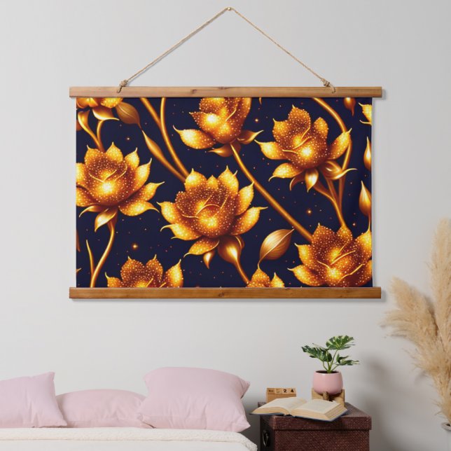 Moderne Big Luxury Gold Rose Collection Wandteppich Mit Holzrahmen (Schlafzimmer)