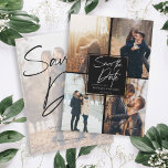 Moderne BildCollage Black Save The Date<br><div class="desc">Nehmen Sie Ihre 5 besten Bilder aus Ihrer Verlobung Foto Session mit 4 für die Vorderseite und eins für die Rückseite. Es zeichnet sich durch ein handgeschriebenes Design aus,  das Save the Date sagt.</div>