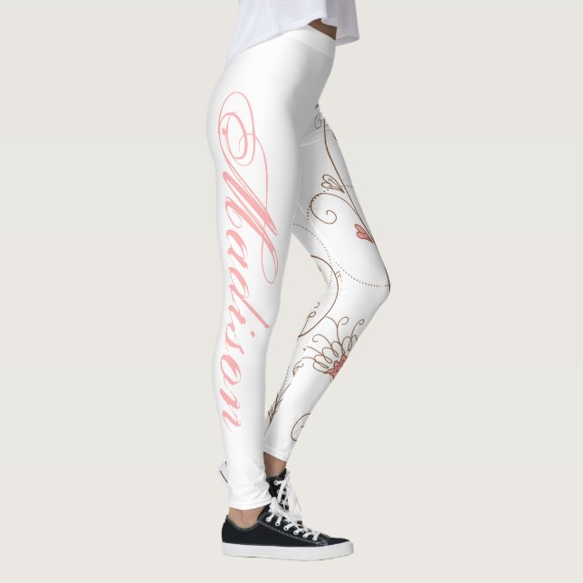 Moderne Bildtrolle hört Tan Pink Add Name Leggings (Rechts)