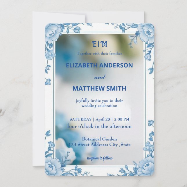 Moderne Biue & White Overlay Blume Hochzeit Einladung (Vorderseite)